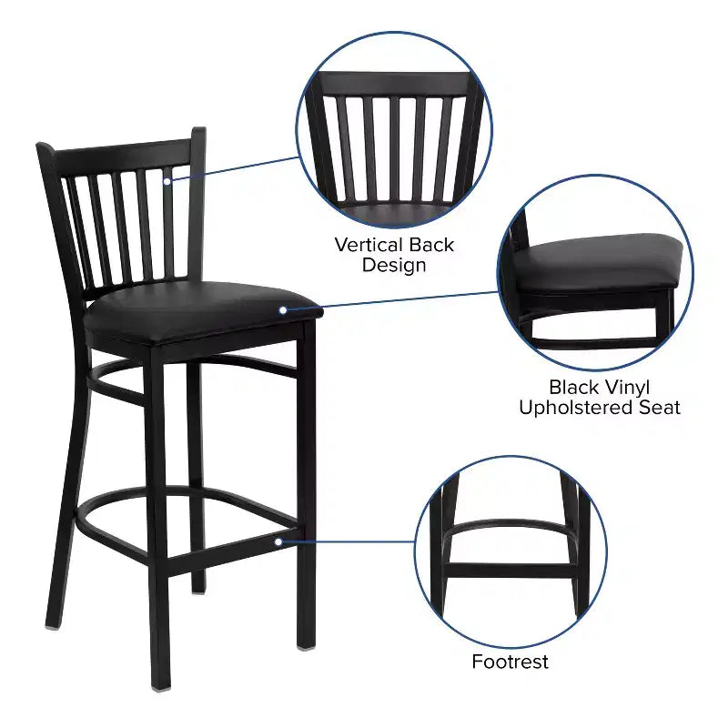 Black Vertical Back Metal Dining Barstool, Upholstered Seat, 16.75"W x 16.25"D, Holds up to 500 lbs