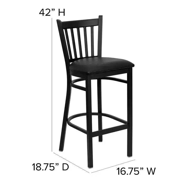 Black Vertical Back Metal Dining Barstool, Upholstered Seat, 16.75"W x 16.25"D, Holds up to 500 lbs