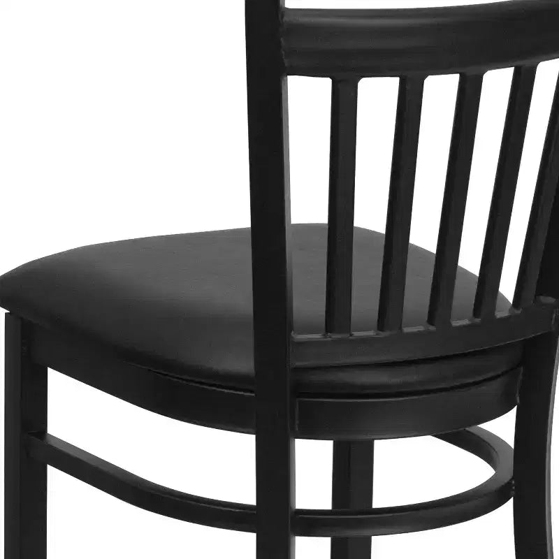 Black Vertical Back Metal Dining Barstool, Upholstered Seat, 16.75"W x 16.25"D, Holds up to 500 lbs
