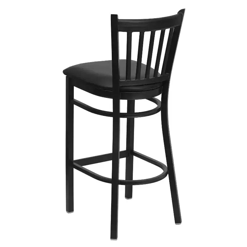 Black Vertical Back Metal Dining Barstool, Upholstered Seat, 16.75"W x 16.25"D, Holds up to 500 lbs