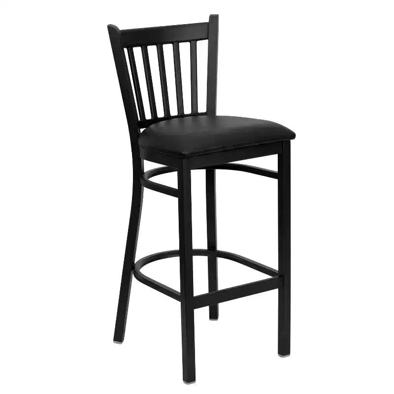 Black Vertical Back Metal Dining Barstool, Upholstered Seat, 16.75"W x 16.25"D, Holds up to 500 lbs