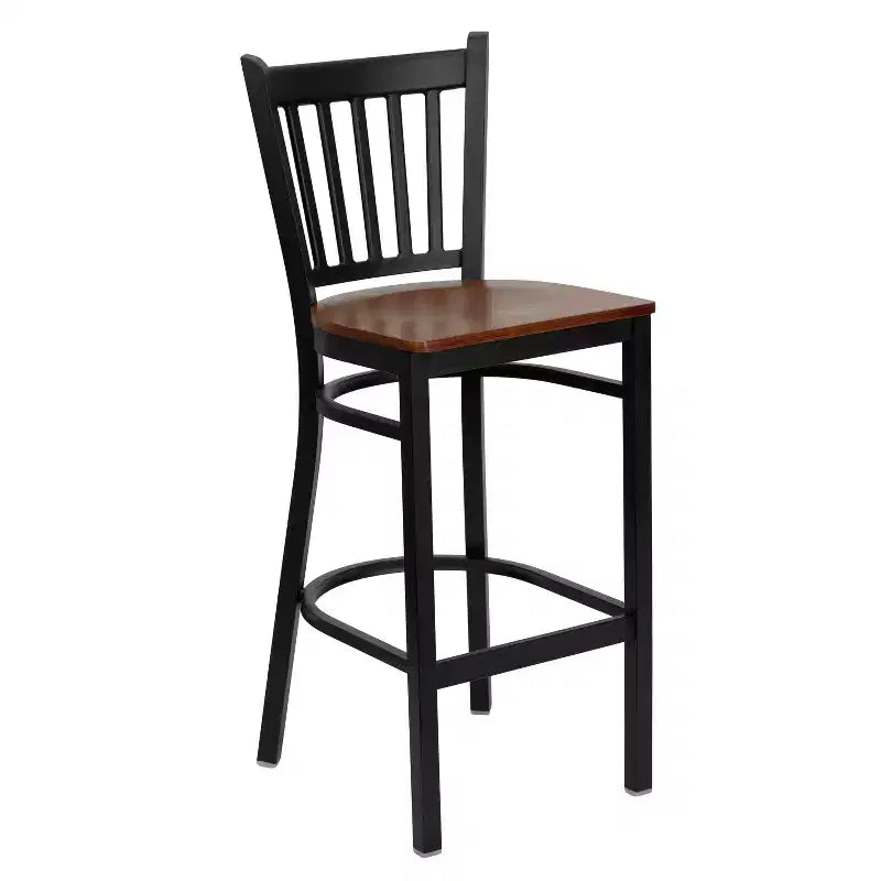 Black Vertical Back Metal Dining Barstool, Upholstered Seat, 16.75"W x 16.25"D, Holds up to 500 lbs