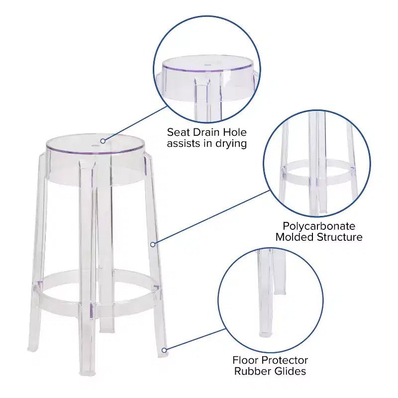 Transparent Counter Height Stool, Polycarbonate, Stackable, 13"W x 13"D x 25.75"H, Holds up to 700 lbs