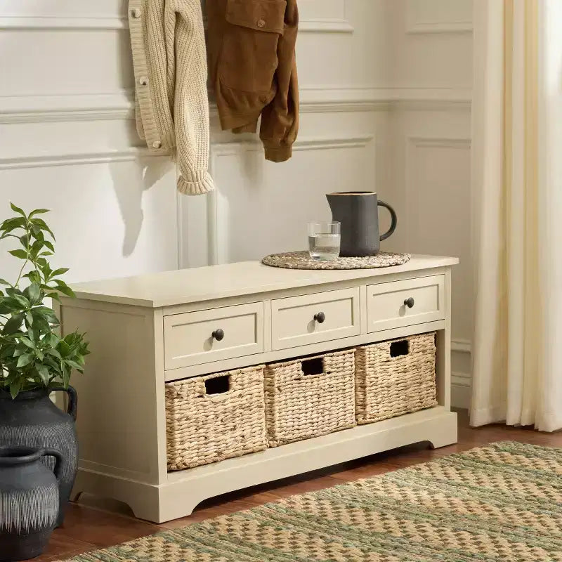 3-Drawer Storage Bench with Wicker Baskets, 42.1"W x 15.4"D x 19.7"H, 175 lbs Capacity