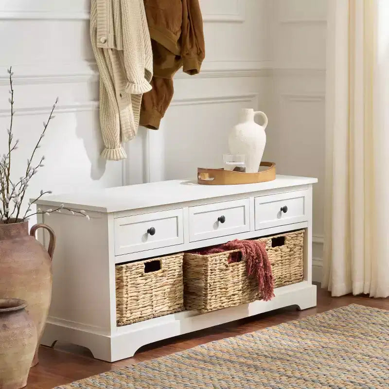3-Drawer Storage Bench with Wicker Baskets, 42.1"W x 15.4"D x 19.7"H, 175 lbs Capacity