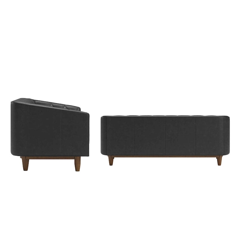 Divanetto - Divano Tartu in vera pelle nera con bottoni e finitura rovere scuro