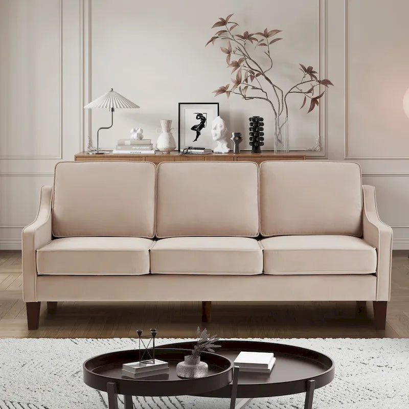 Modern 3-Seat Sofa Couch with Scooped Armrest and Wood Legs - 29.00 x 74.00 x 34.25