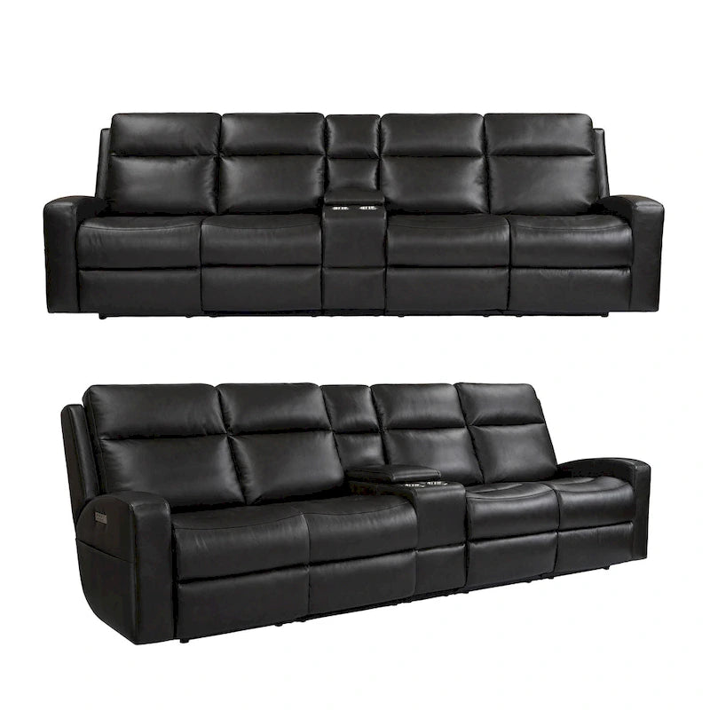 Genuine Leather Power Reclining 4-Seat Sofa For Living Room with Console, USB Port, Adjustable Headrest