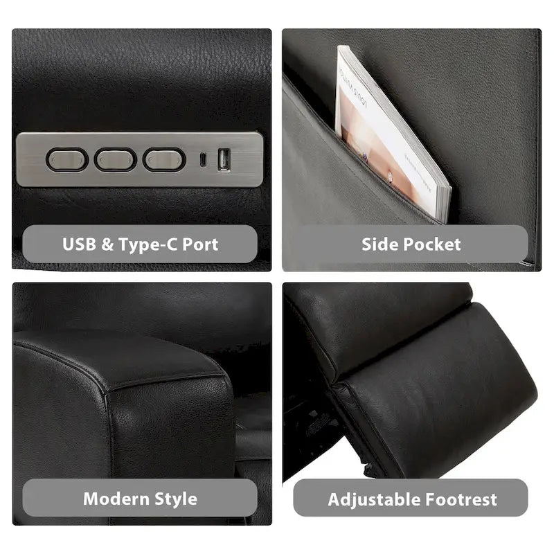 Genuine Leather Power Reclining 4-Seat Sofa For Living Room with Console, USB Port, Adjustable Headrest