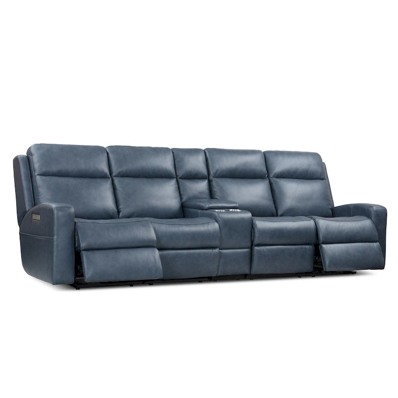 Genuine Leather Power Reclining 4-Seat Sofa For Living Room with Console, USB Port, Adjustable Headrest