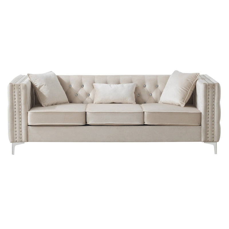 Paige 86 inch 3-zitsbank van getuft fluweel met 2 sierkussens - 86L x 34W x 30H