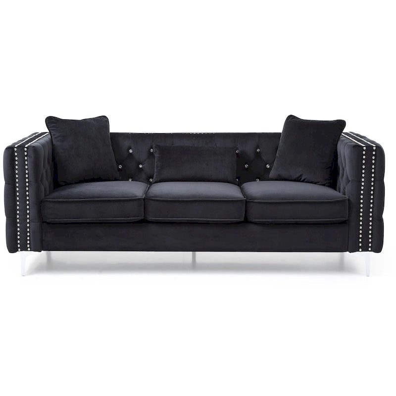 Paige 86 inch 3-zitsbank van getuft fluweel met 2 sierkussens - 86L x 34W x 30H