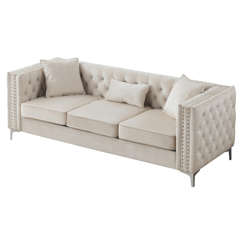 Divano a 3 posti in velluto trapuntato Paige 86 pollici con 2 cuscini - 86L x 34W x 30H