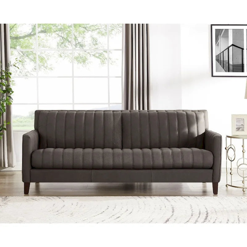 Divano in pelle fiore Hydeline Ennis con piume, memory foam e molle