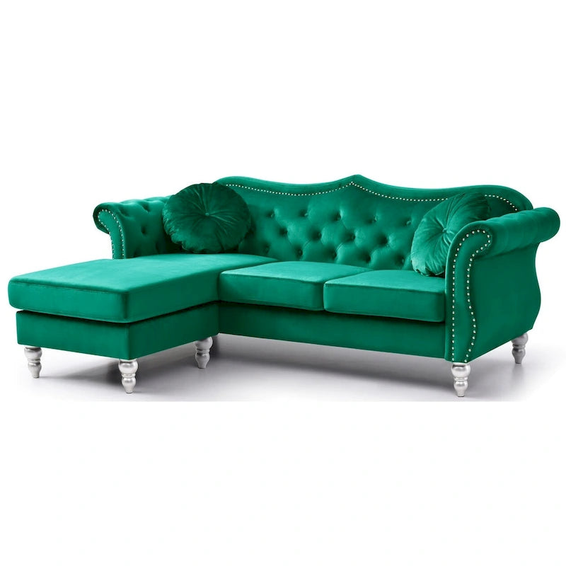 Hollywood 81 in. Velvet Chesterfield Sectional Sofa with 2-Throw Pillow - 81L x 35W x 34H