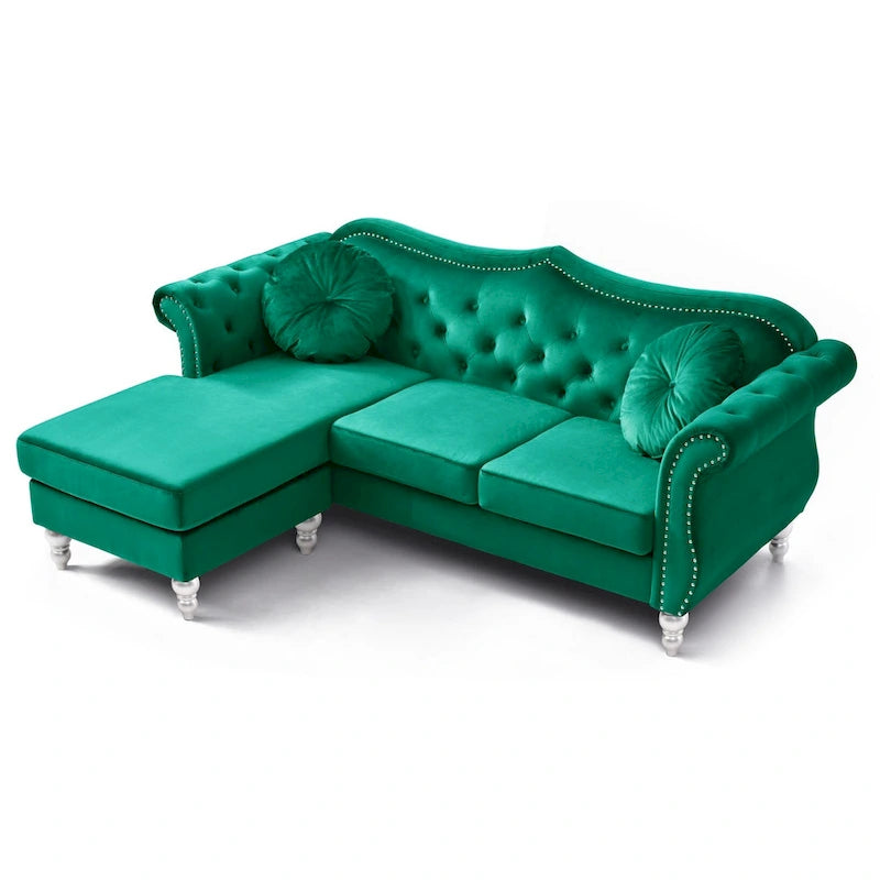 Hollywood 81 in. Velvet Chesterfield Sectional Sofa with 2-Throw Pillow - 81L x 35W x 34H