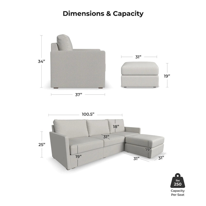 Divano modulare imbottito Flex 99 con pouf poggiapiedi paracolpi - 101 x 35 x 37