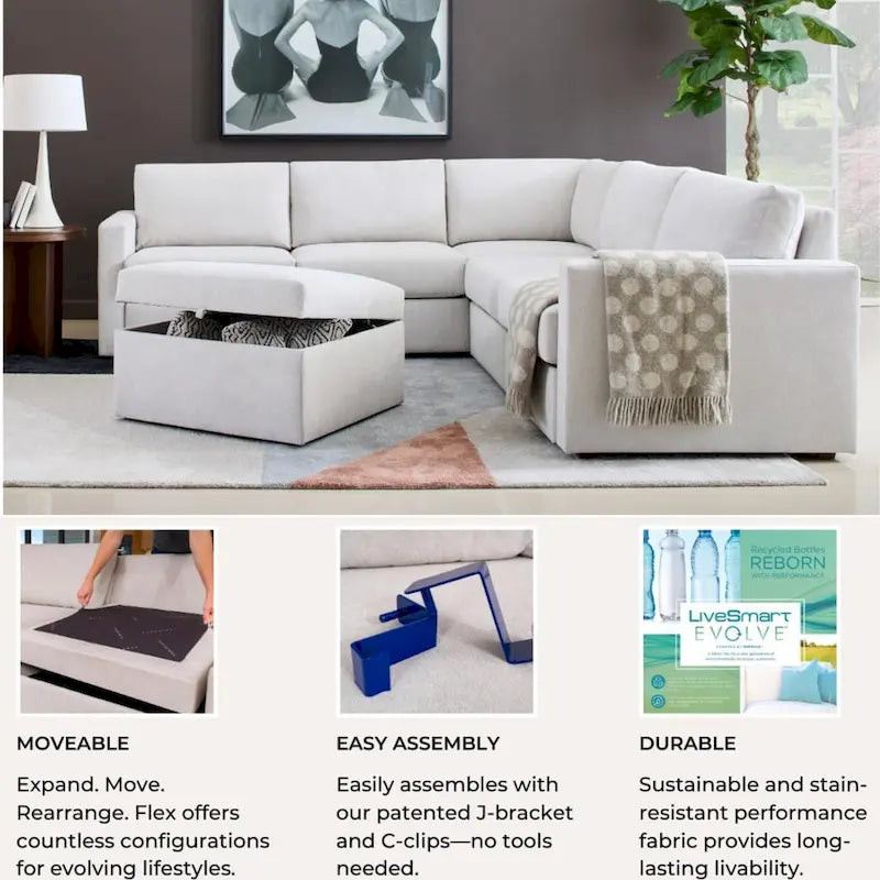 Divano modulare imbottito Flex 99 con pouf poggiapiedi paracolpi - 101 x 35 x 37