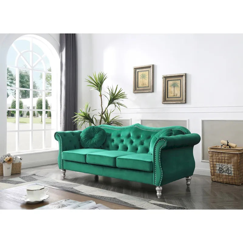 Hollywood 82 inch Chesterfieldbank van fluweel voor 3 personen met 2 sierkussens - 82L x 35W x 34H