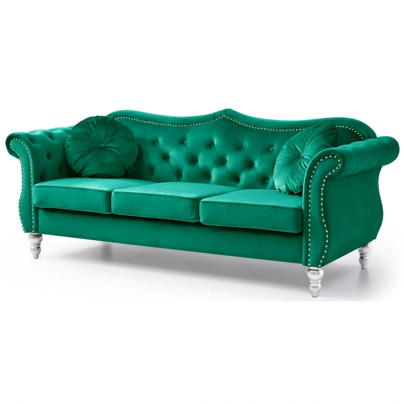 Divano a 3 posti Chesterfield Hollywood 82 pollici in velluto con 2 cuscini decorativi - 82L x 35W x 34H