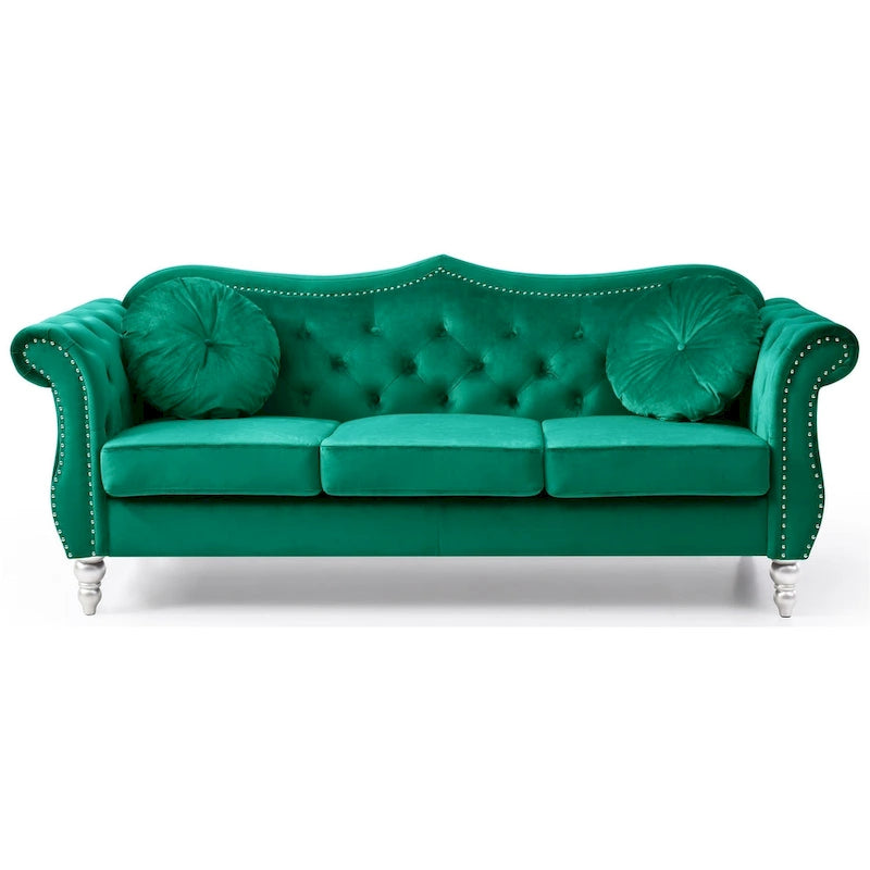 Divano a 3 posti Chesterfield Hollywood 82 pollici in velluto con 2 cuscini decorativi - 82L x 35W x 34H
