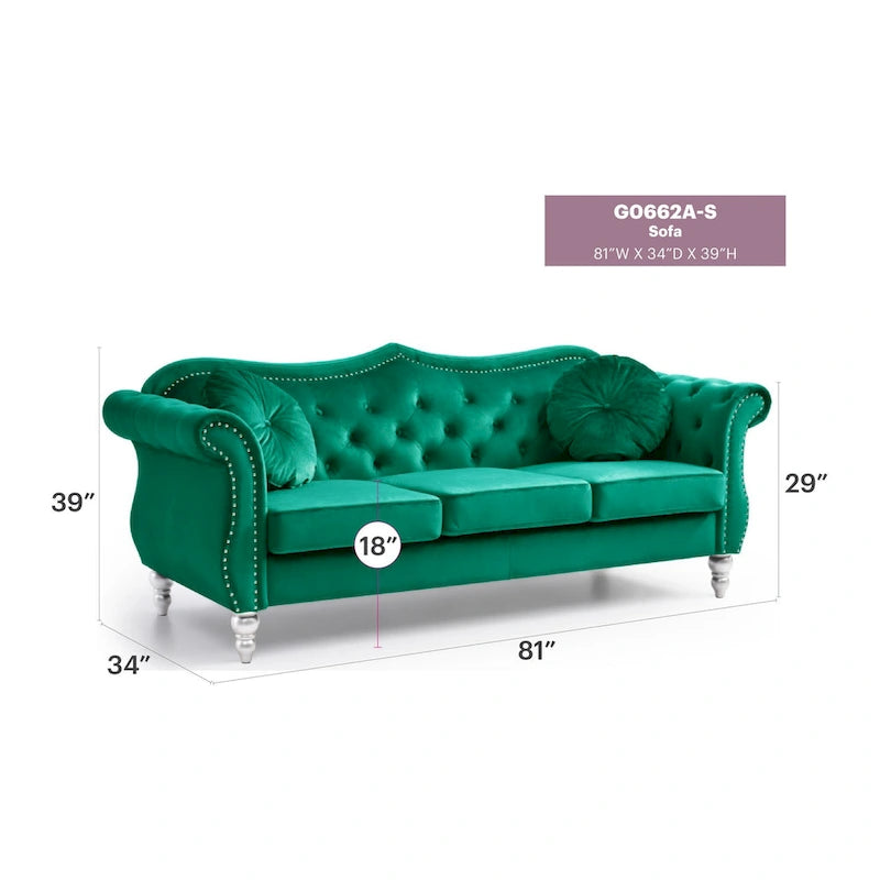 Divano a 3 posti Chesterfield Hollywood 82 pollici in velluto con 2 cuscini decorativi - 82L x 35W x 34H