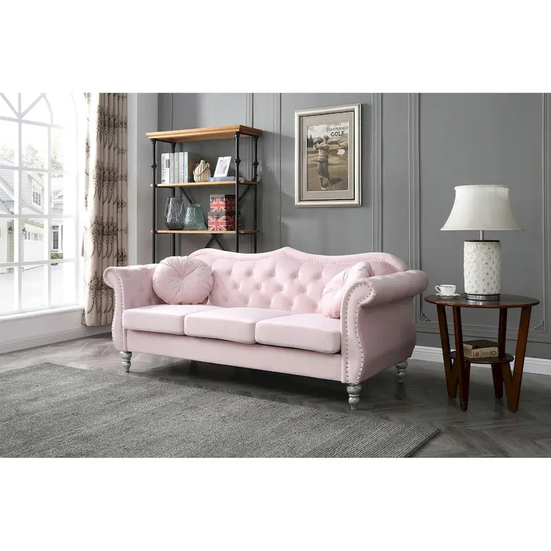 Divano a 3 posti Chesterfield Hollywood 82 pollici in velluto con 2 cuscini decorativi - 82L x 35W x 34H