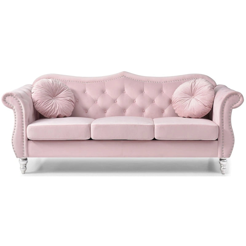 Divano a 3 posti Chesterfield Hollywood 82 pollici in velluto con 2 cuscini decorativi - 82L x 35W x 34H
