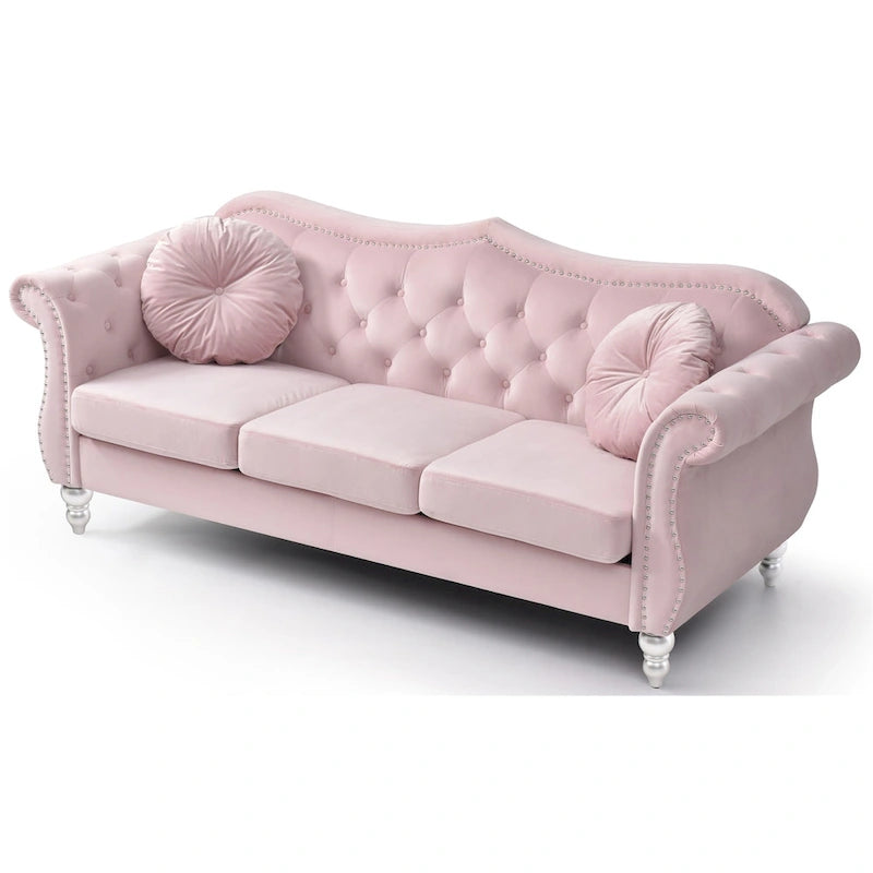Divano a 3 posti Chesterfield Hollywood 82 pollici in velluto con 2 cuscini decorativi - 82L x 35W x 34H