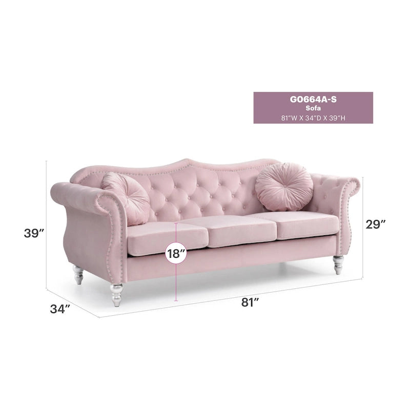 Divano a 3 posti Chesterfield Hollywood 82 pollici in velluto con 2 cuscini decorativi - 82L x 35W x 34H