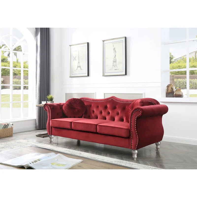Divano a 3 posti Chesterfield Hollywood 82 pollici in velluto con 2 cuscini decorativi - 82L x 35W x 34H