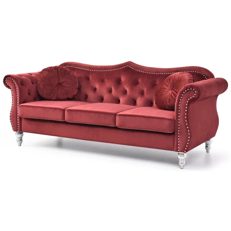 Divano a 3 posti Chesterfield Hollywood 82 pollici in velluto con 2 cuscini decorativi - 82L x 35W x 34H