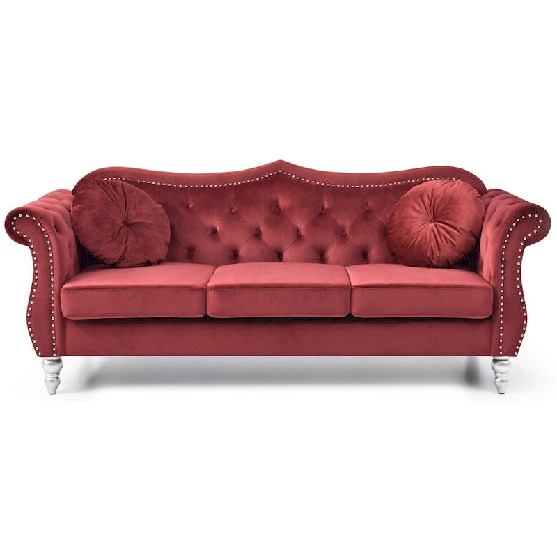 Divano a 3 posti Chesterfield Hollywood 82 pollici in velluto con 2 cuscini decorativi - 82L x 35W x 34H