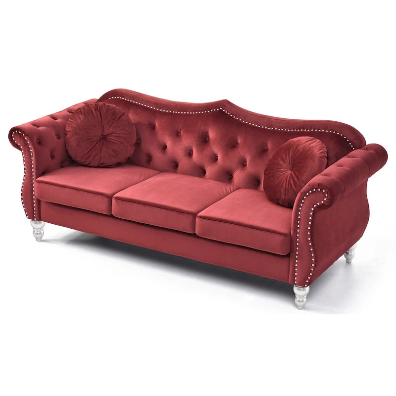 Divano a 3 posti Chesterfield Hollywood 82 pollici in velluto con 2 cuscini decorativi - 82L x 35W x 34H