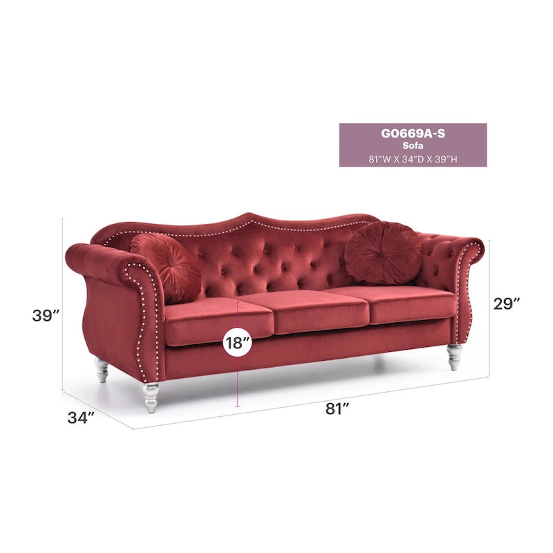 Divano a 3 posti Chesterfield Hollywood 82 pollici in velluto con 2 cuscini decorativi - 82L x 35W x 34H