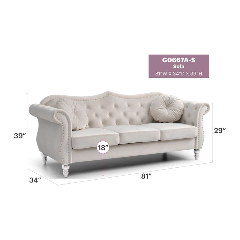 Divano a 3 posti Chesterfield Hollywood 82 pollici in velluto con 2 cuscini decorativi - 82L x 35W x 34H