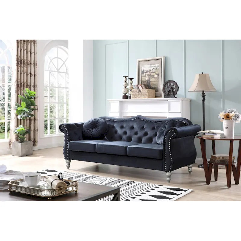 Divano a 3 posti Chesterfield Hollywood 82 pollici in velluto con 2 cuscini decorativi - 82L x 35W x 34H
