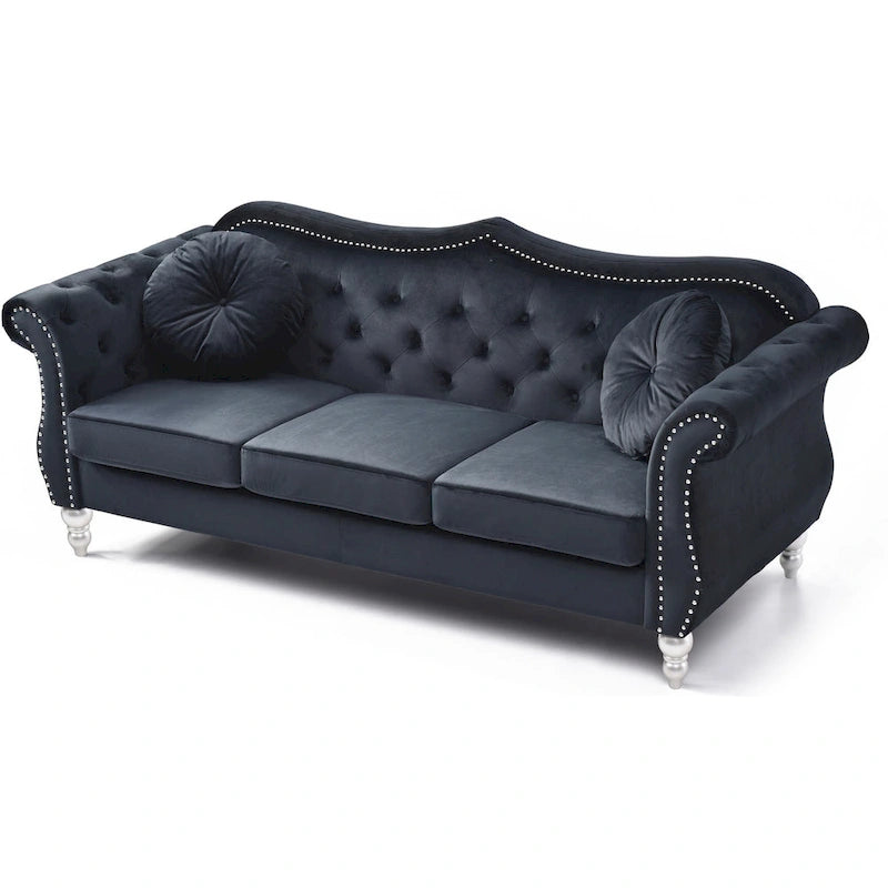 Divano a 3 posti Chesterfield Hollywood 82 pollici in velluto con 2 cuscini decorativi - 82L x 35W x 34H