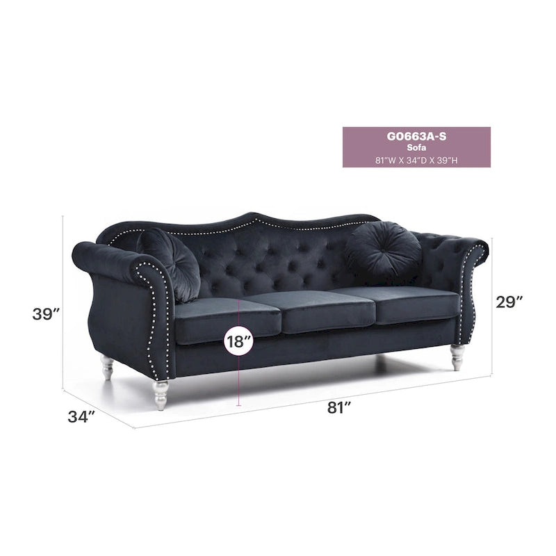 Divano a 3 posti Chesterfield Hollywood 82 pollici in velluto con 2 cuscini decorativi - 82L x 35W x 34H