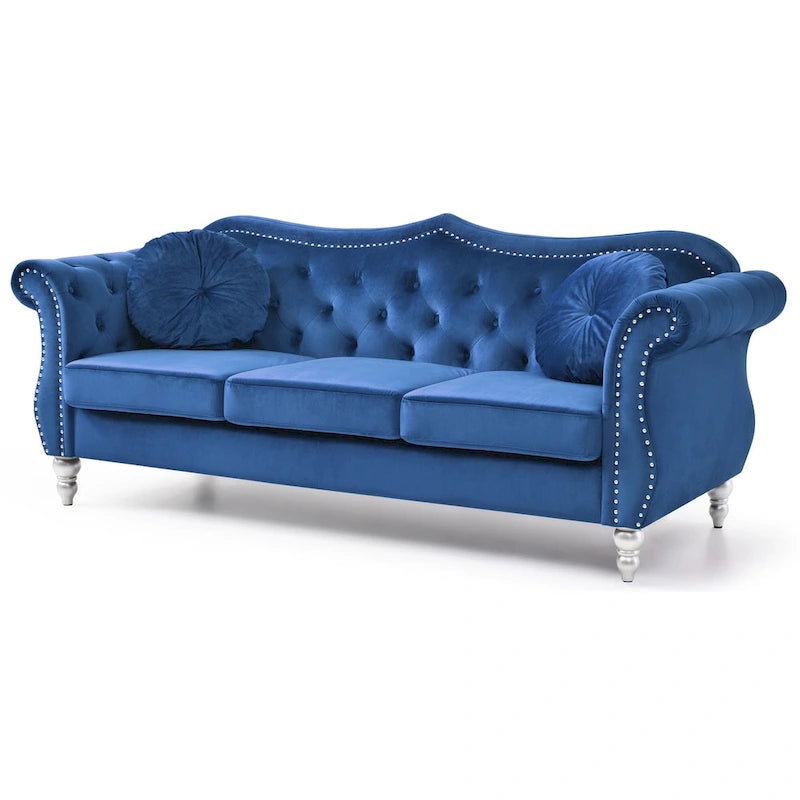 Divano a 3 posti Chesterfield Hollywood 82 pollici in velluto con 2 cuscini decorativi - 82L x 35W x 34H