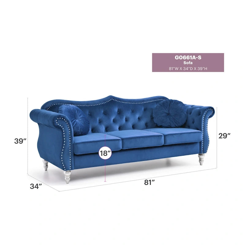 Divano a 3 posti Chesterfield Hollywood 82 pollici in velluto con 2 cuscini decorativi - 82L x 35W x 34H