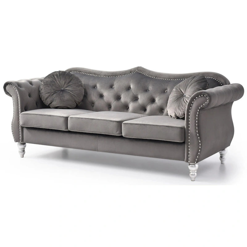 Divano a 3 posti Chesterfield Hollywood 82 pollici in velluto con 2 cuscini decorativi - 82L x 35W x 34H