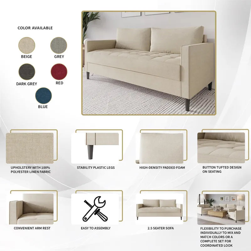 CraftPorch Contemporary Minimalist Linen Upholstered Sofa