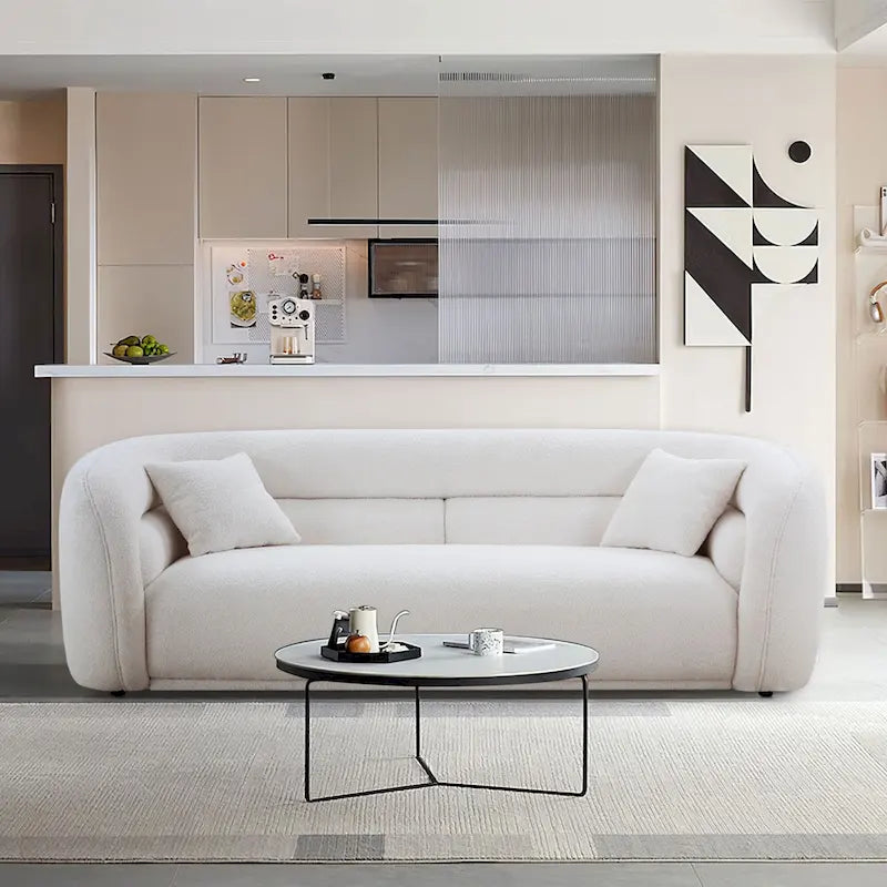Moderne eigentijdse gebogen bank van 91 inch met bekleding en 2 kussens voor de woonkamer