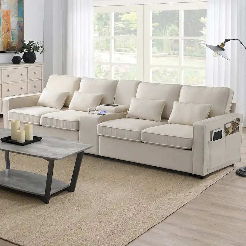 Divano imbottito con console, 2 portabicchieri e 2 porte USB con ricarica cablata o wireless