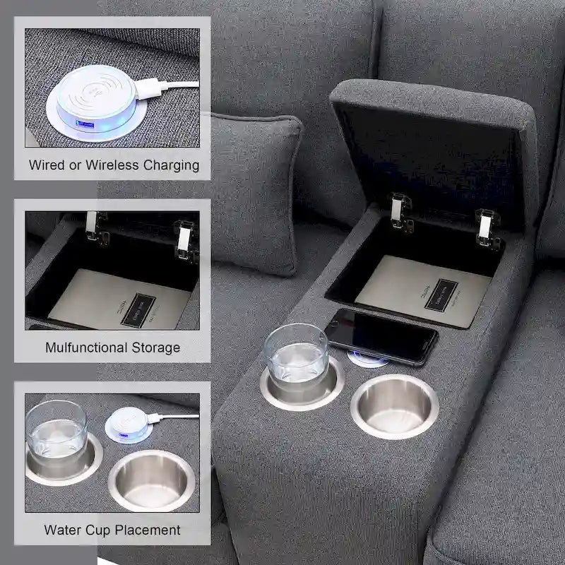 Divano imbottito con console, 2 portabicchieri e 2 porte USB con ricarica cablata o wireless