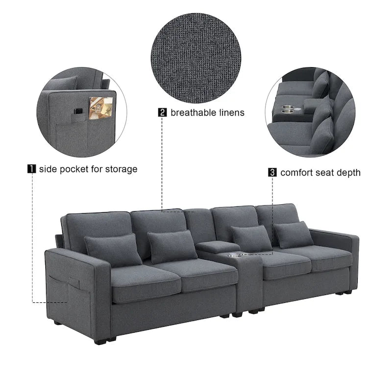 Divano imbottito con console, 2 portabicchieri e 2 porte USB con ricarica cablata o wireless