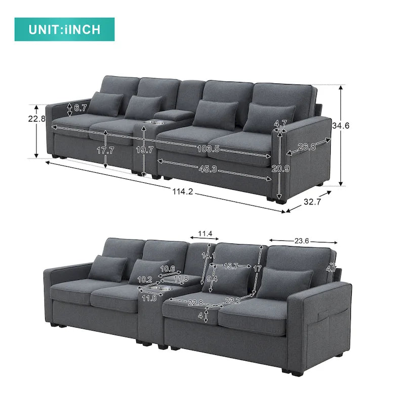 Divano imbottito con console, 2 portabicchieri e 2 porte USB con ricarica cablata o wireless