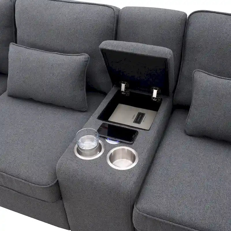 Divano imbottito con console, 2 portabicchieri e 2 porte USB con ricarica cablata o wireless