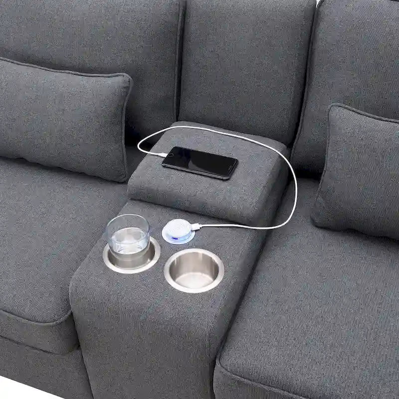 Divano imbottito con console, 2 portabicchieri e 2 porte USB con ricarica cablata o wireless
